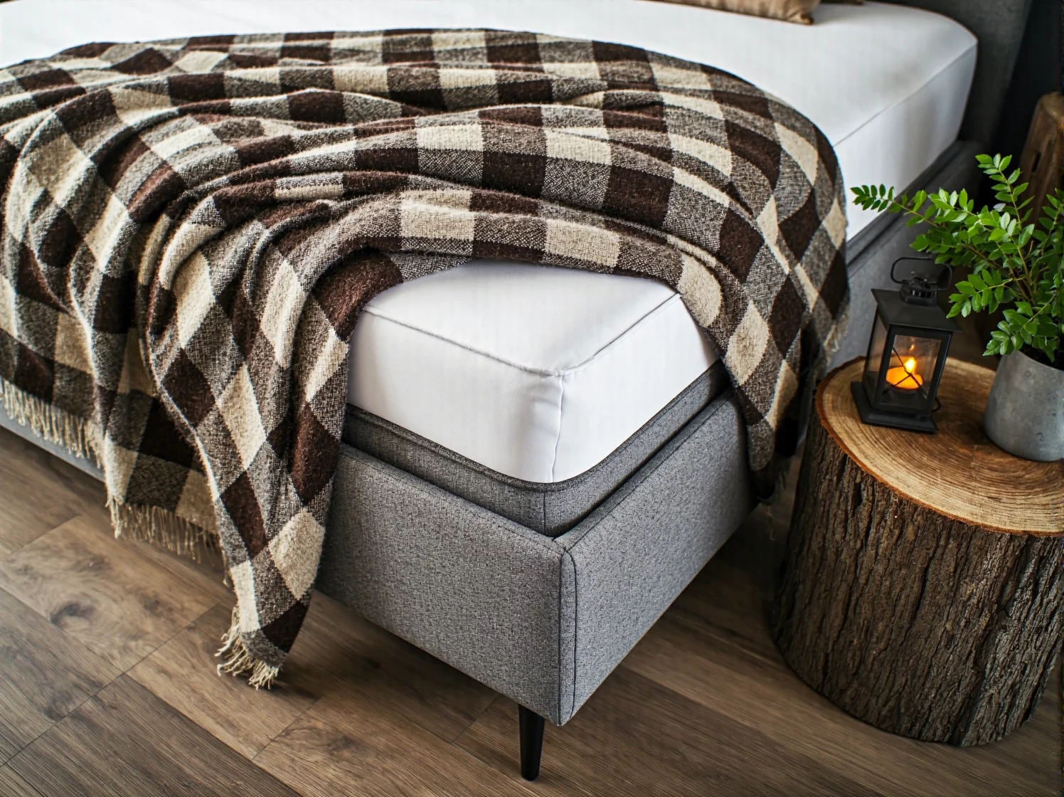 Nowoczesne łóżko kontynentalne w tradycyjnym wnętrzu z ciepłym oświetleniem i dywanem z owczej skóry.