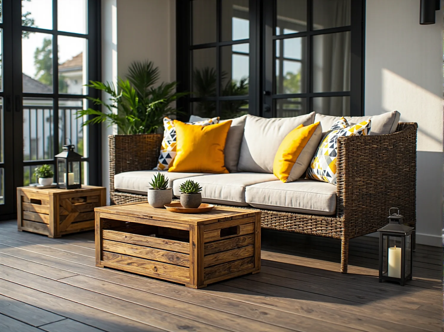 Odnowione plastikowe krzesła ogrodowe w nowoczesnej aranżacji na słonecznym balkonie.