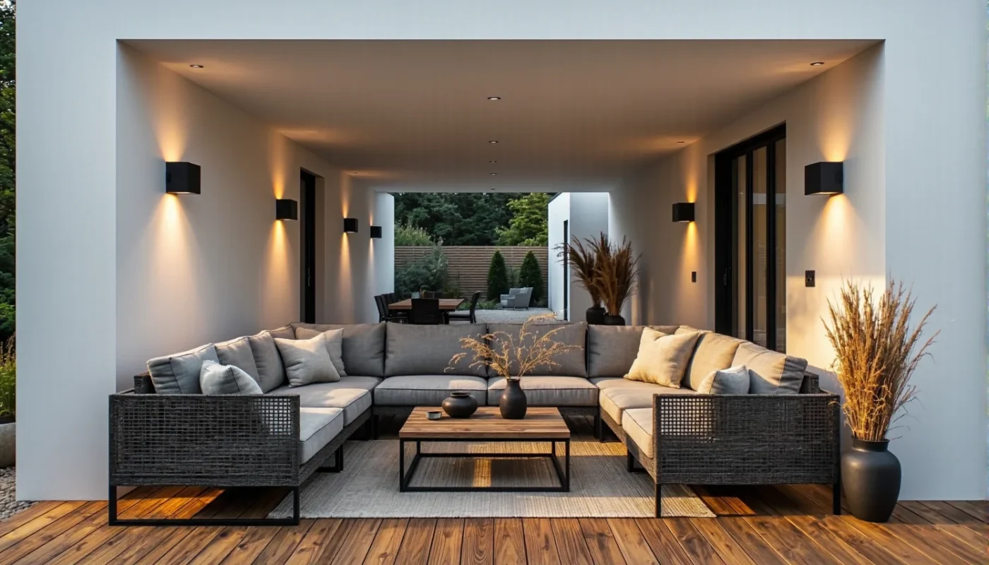 Ogród w stylu skandynawskim z eleganckimi lampami elewacyjnymi – harmonia światła i natury