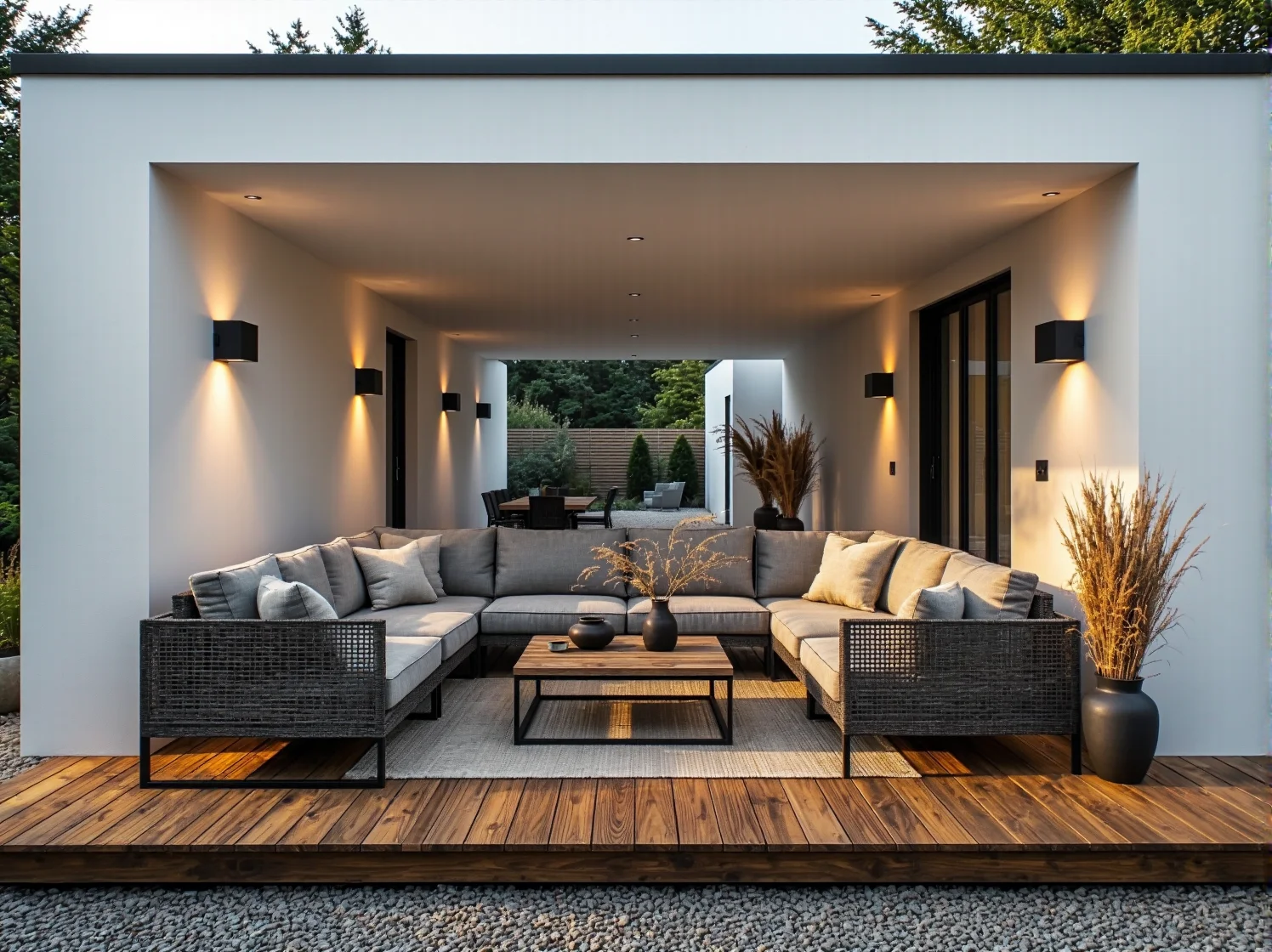 Ogród w stylu skandynawskim z eleganckimi lampami elewacyjnymi – harmonia światła i natury