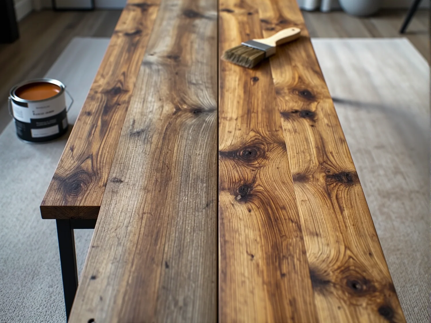 Olejowanie starego stołu ogrodowego pędzlem na tarasie