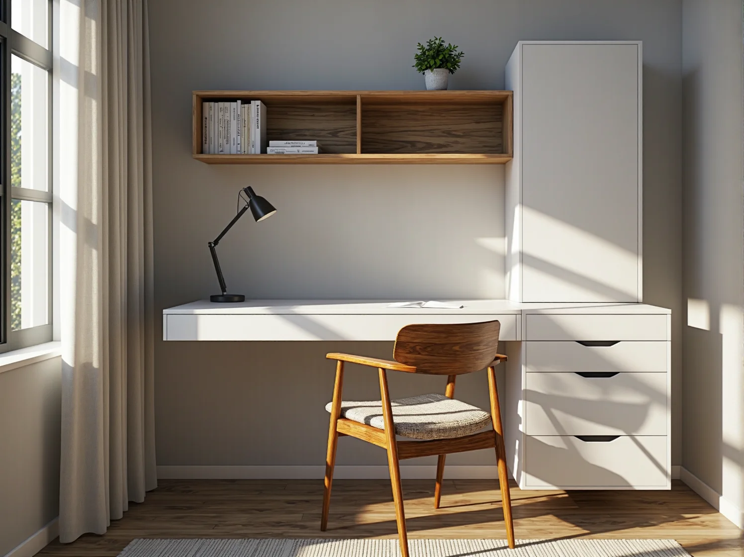 Duże lustro na ścianie w wąskiej sypialni optycznie powiększające przestrzeń