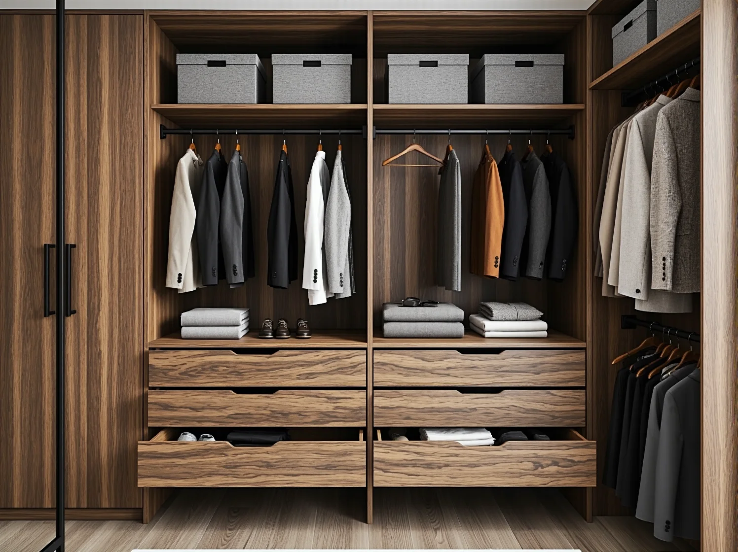 Wnętrze szafy z organizerami, szufladami i drążkami na ubrania dla lepszej organizacji