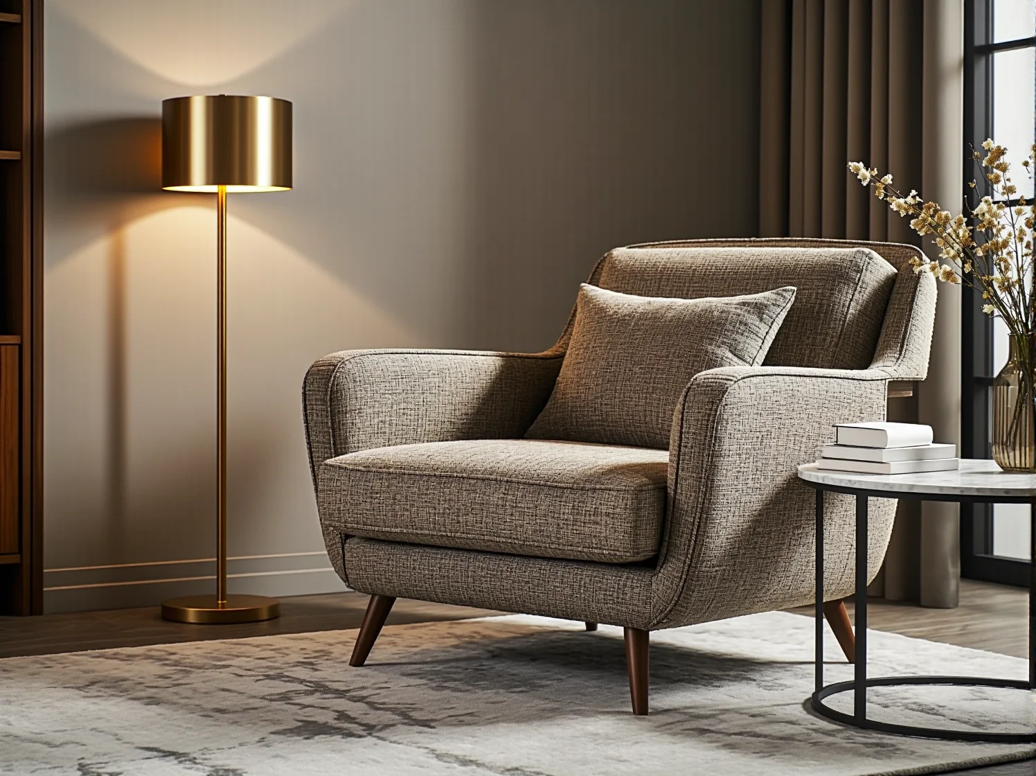 Złote dodatki i kryształowy żyrandol nad małym stołem jadalnianym w kawalerce