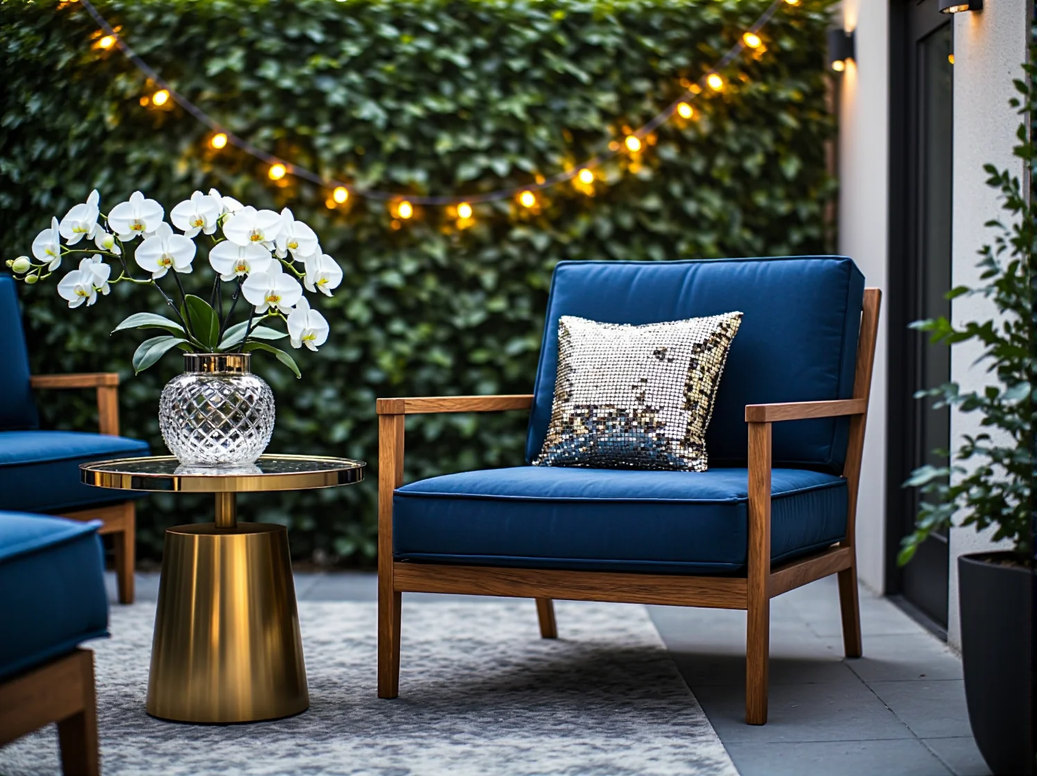 Kryształowy żyrandol i stylowe oświetlenie ogrodowe tworzące nastrojowy klimat wieczorem.