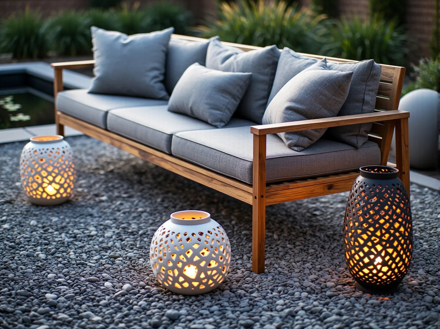 Nowoczesne oświetlenie solarne przy oczku wodnym tworzące nastrojowy klimat