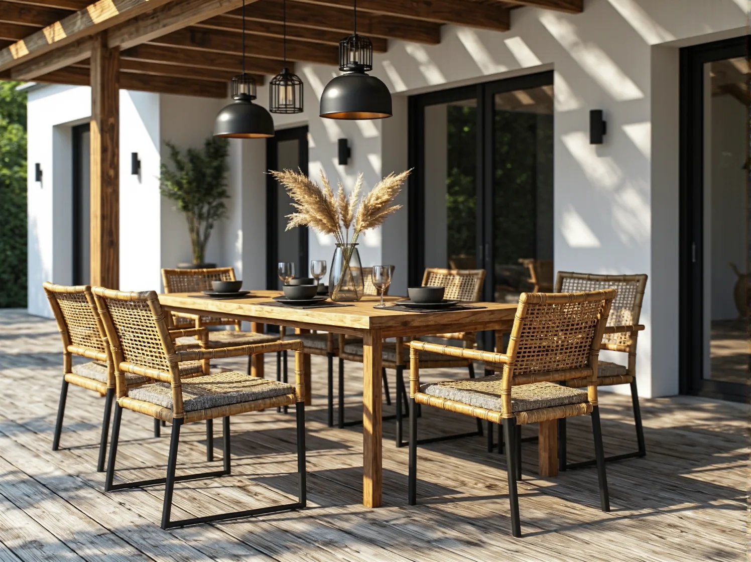 Oświetlenie girlandami na tarasie w stylu loft z bambusowym fotelem i stolikiem