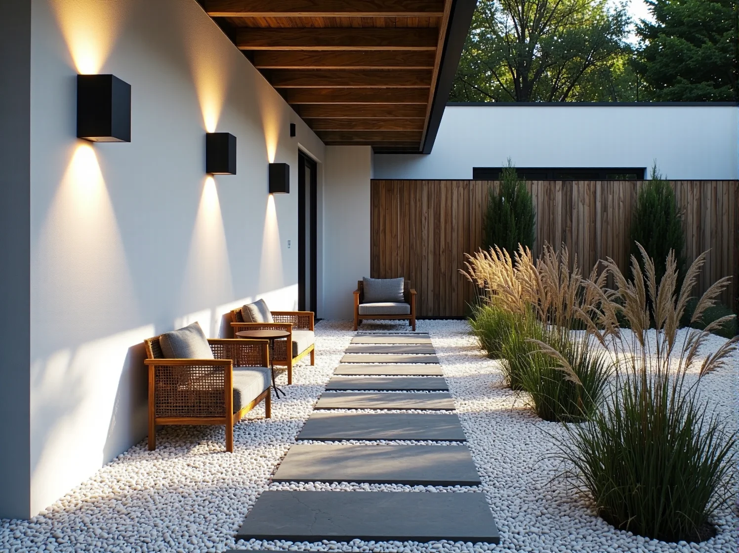 Harmonijne oświetlenie wejścia do domu podkreślające naturalne materiały i zieleń