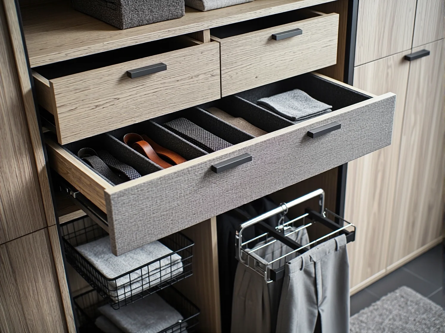 Pantograf w wysokiej szafie umożliwiający łatwy dostęp do ubrań wiszących wysoko