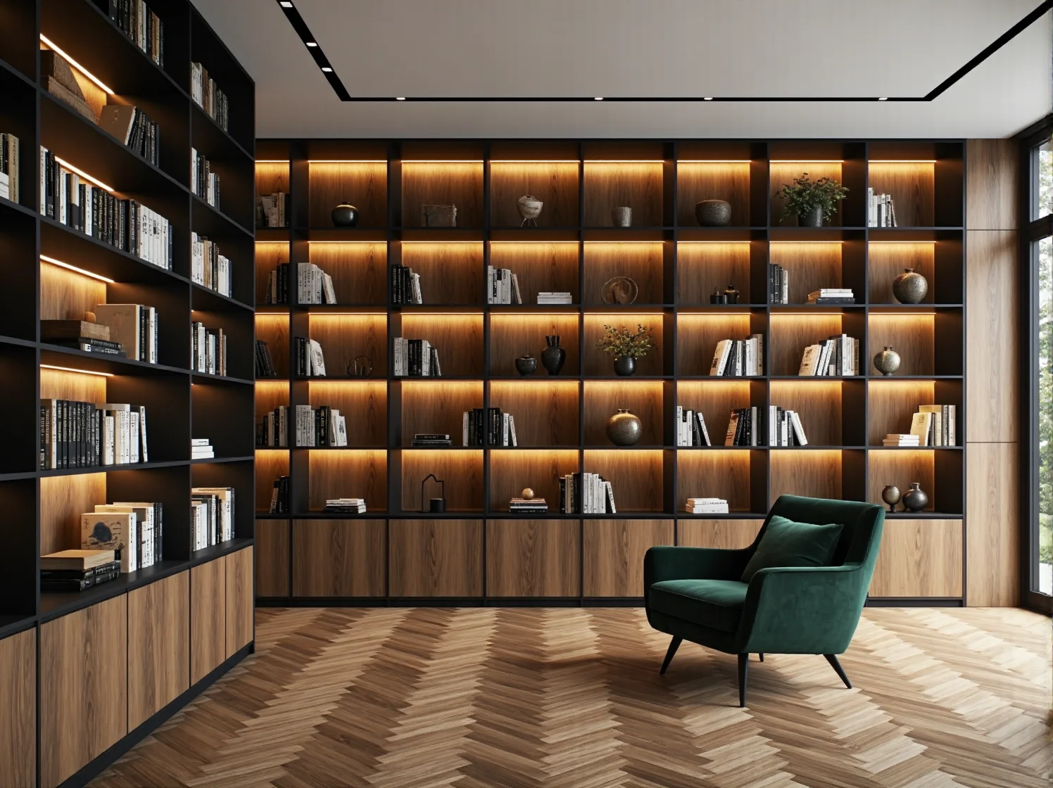 Podświetlane witryny szklane eksponujące kolekcje w nowoczesnym salonie.