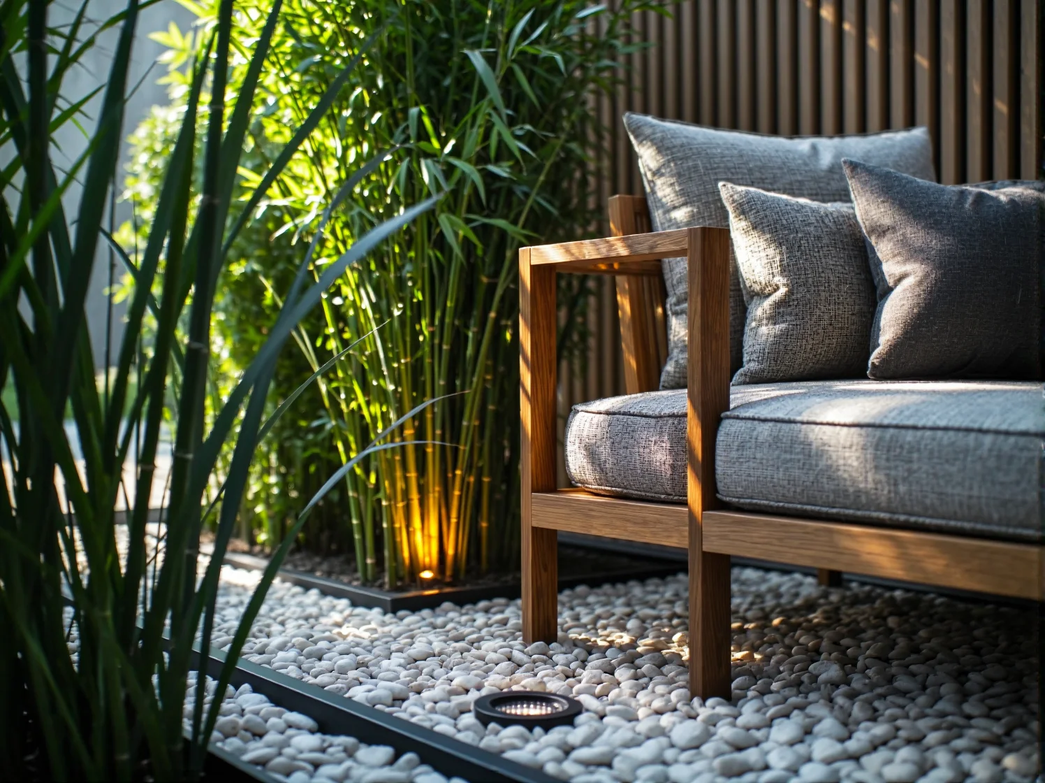 Reflektor ogrodowy LED skierowany na ozdobne drzewo, eksponujący detale kory i liści.