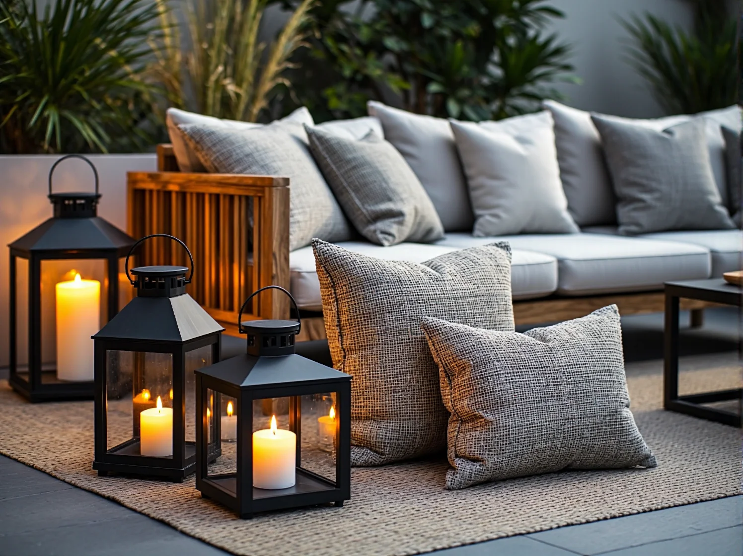 Wygodna sofa narożna na mały taras w mieście, optymalizująca przestrzeń do odpoczynku na świeżym powietrzu.