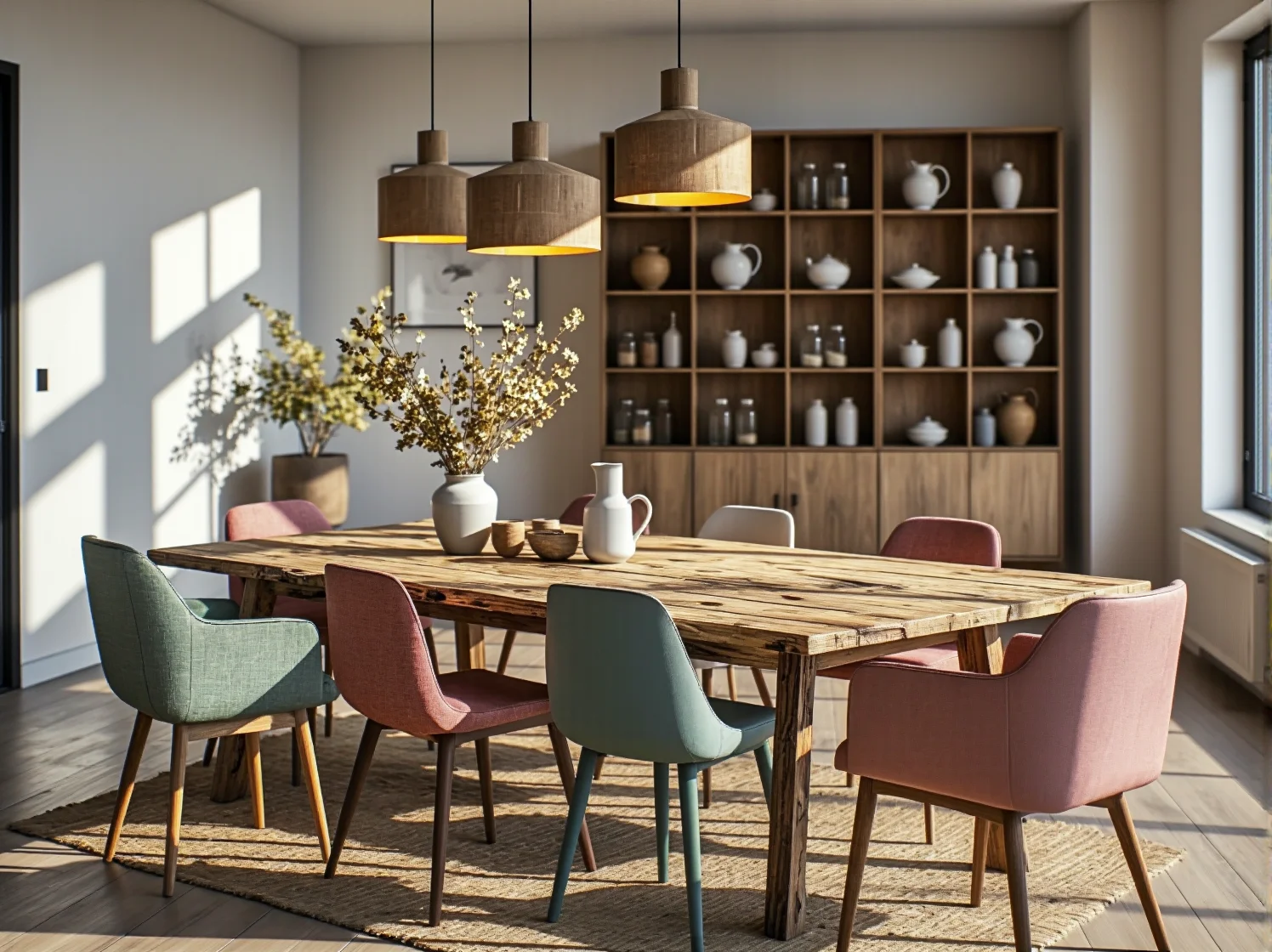 Stylowy stół do jadalni stworzony z odzyskanego plastiku w minimalistycznym wnętrzu