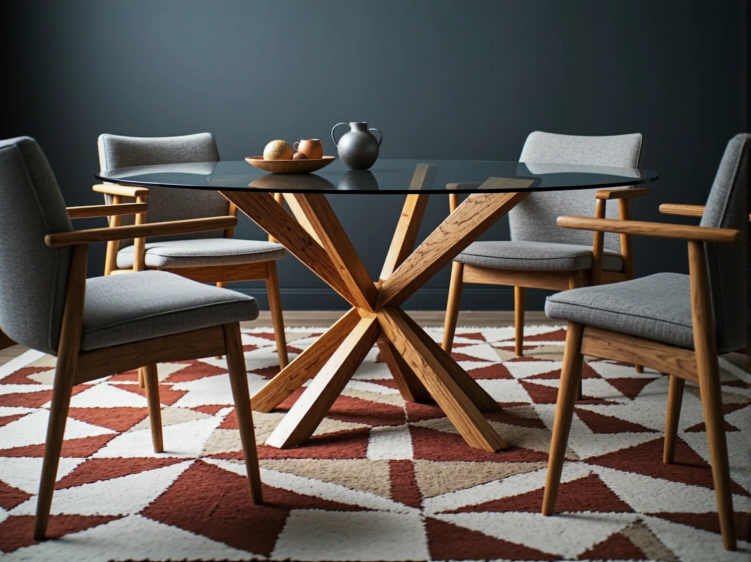 Duży, reprezentacyjny stół ze szkła hartowanego w minimalistycznej jadalni.