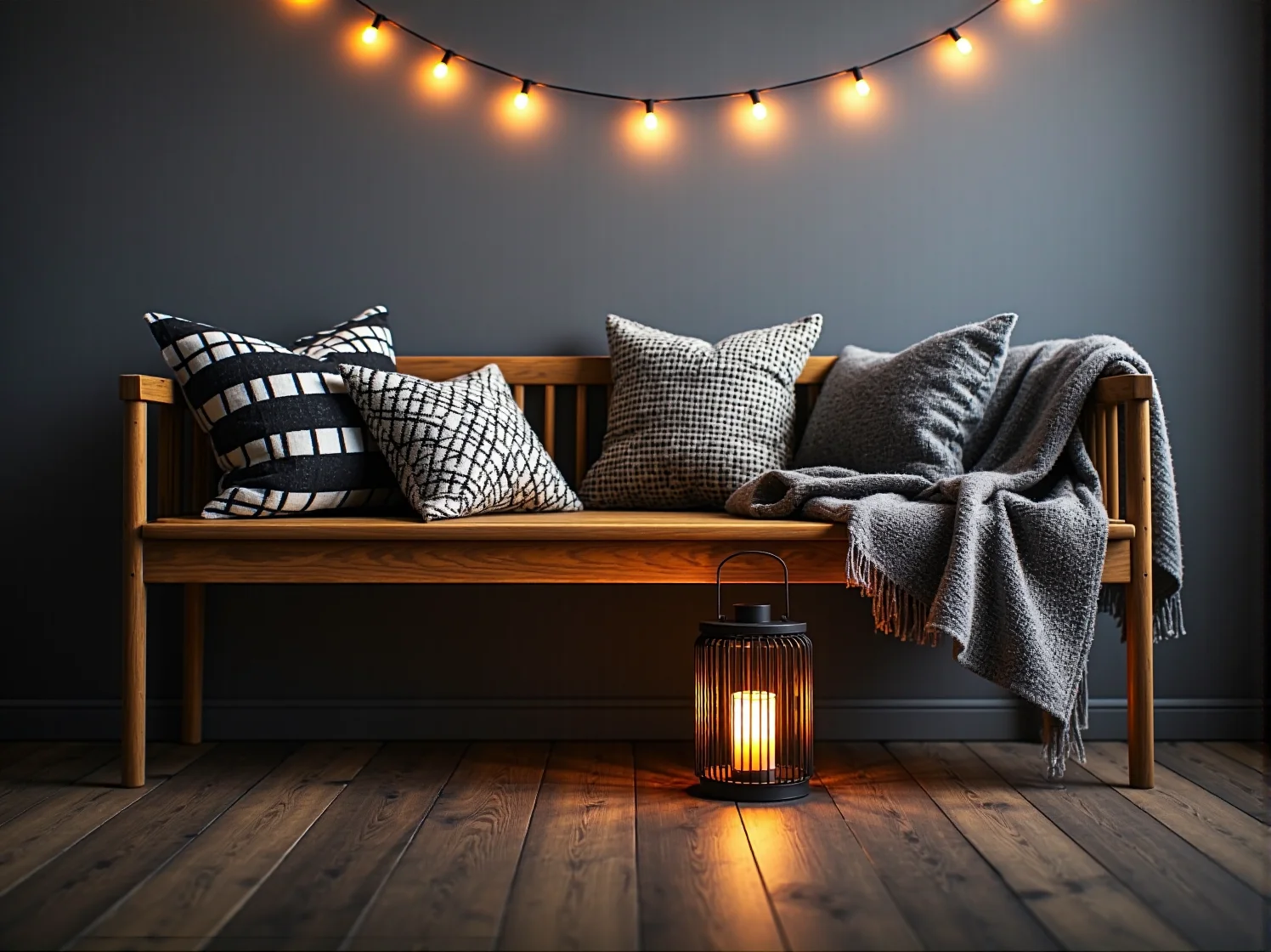 Strefa relaksu hygge na balkonie z wygodnym fotelem i stolikiem kawowym.