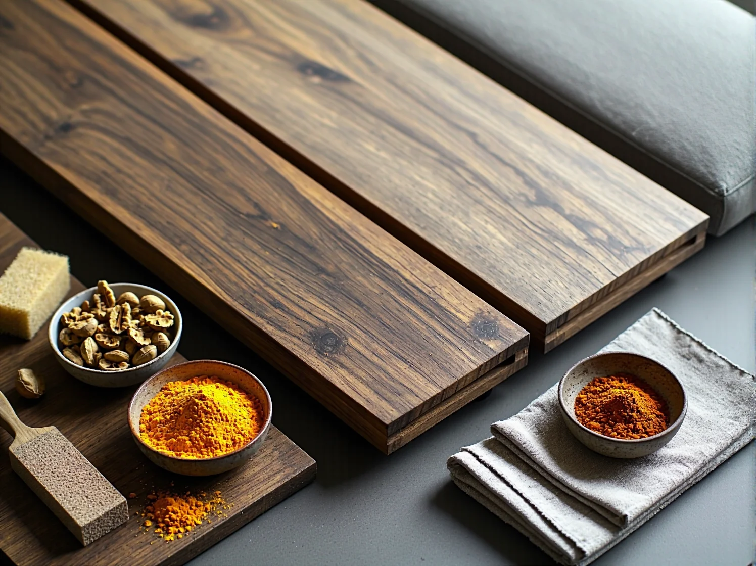 Zbliżenie na strukturę drewna ławki po zastosowaniu naturalnego impregnatu.