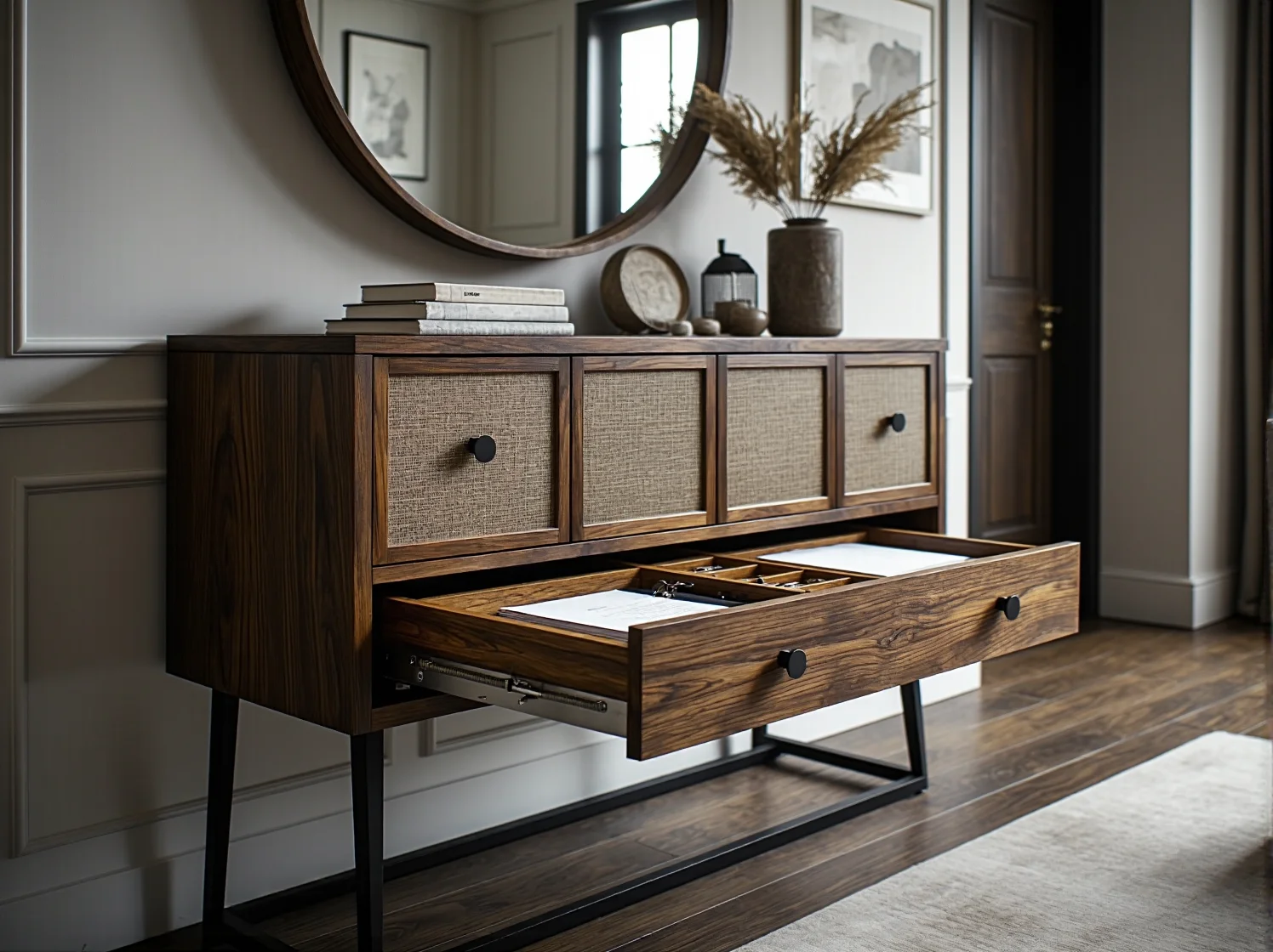 Stylowa komoda do salonu z tajnym schowkiem ułatwiająca bezpieczne przechowywanie.