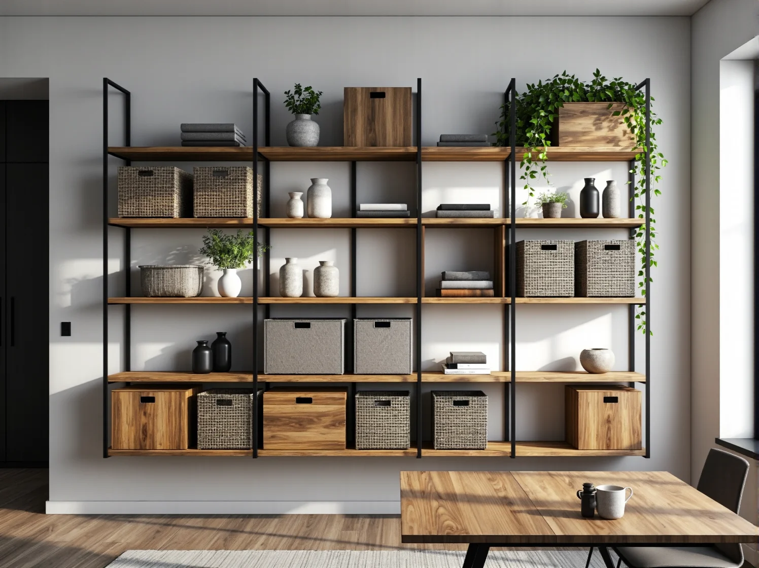 Nowoczesny system regałów modułowych dopasowany do małego salonu