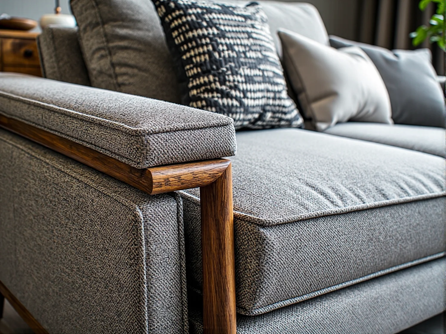 Szary narożnik welurowy na czarnych metalowych nóżkach w nowoczesnym wnętrzu typu loft