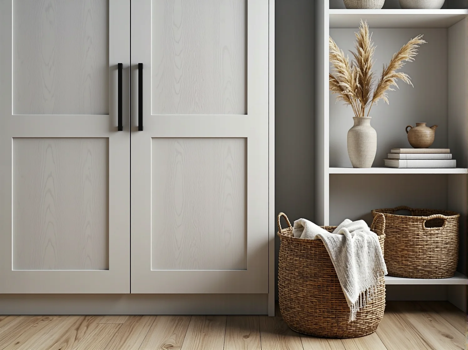 Nowoczesna biała szafa skandynawska w sypialni, uniwersalny design pasujący do każdego koloru ścian.