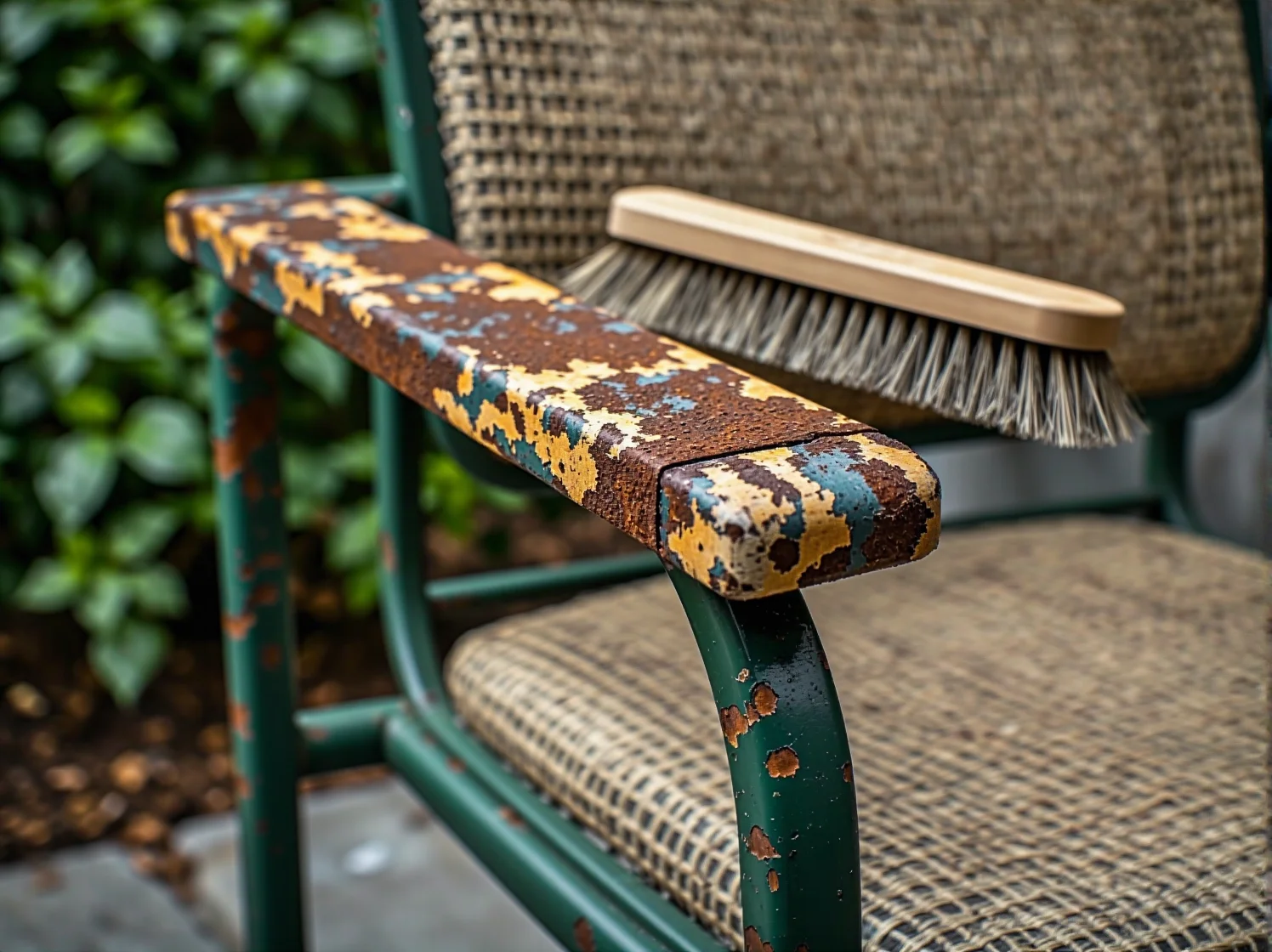 Usuwanie rdzy z metalowego stołu ogrodowego za pomocą szczotki drucianej i papieru ściernego