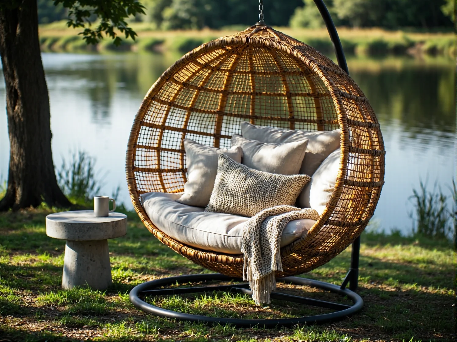 Wygodna sofa ogrodowa z miękkimi poduszkami tworząca strefę relaksu tuż przy brzegu wody.