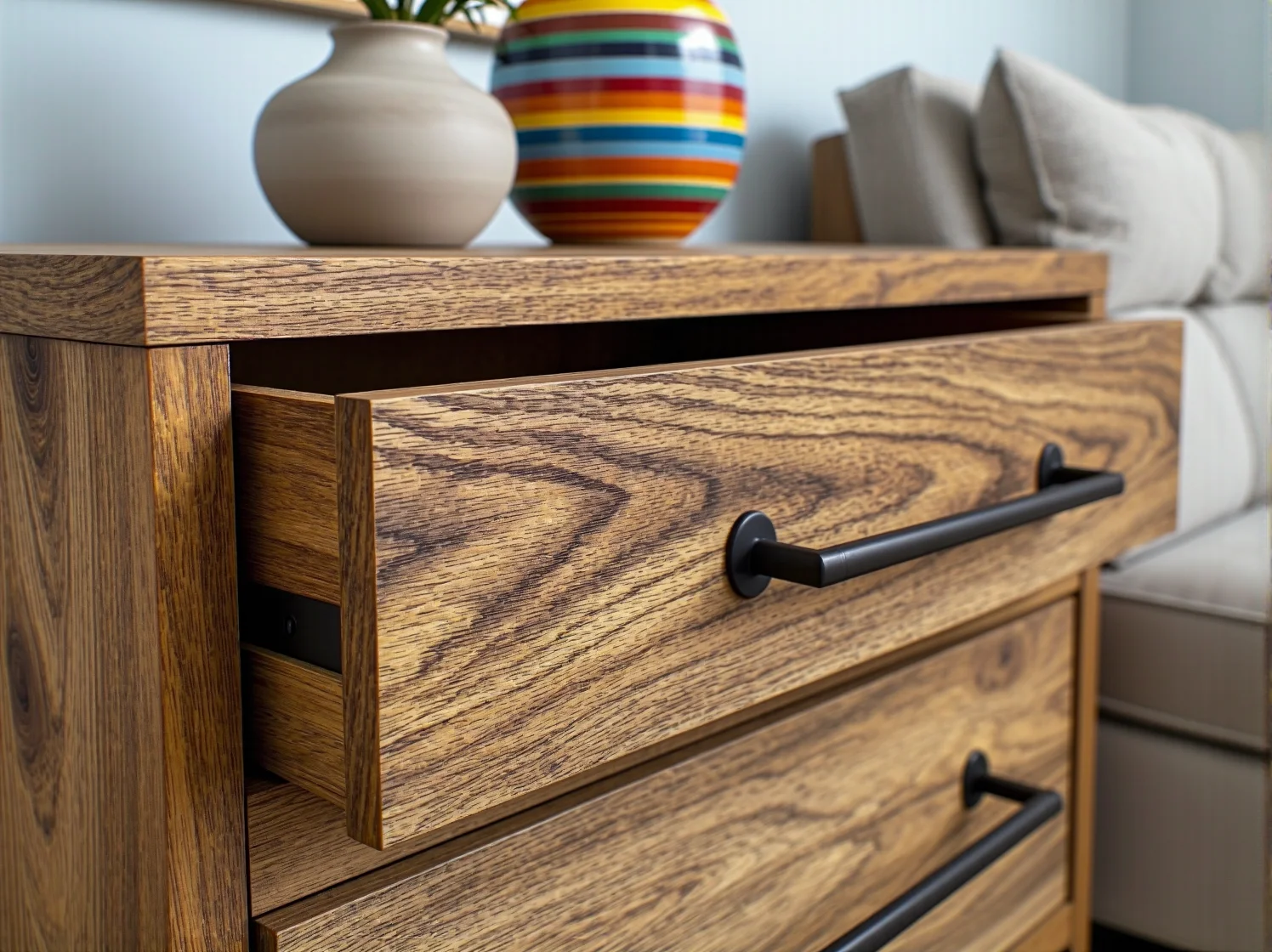 Nowoczesne złote uchwyty zamontowane w odnowionej szafce vintage.