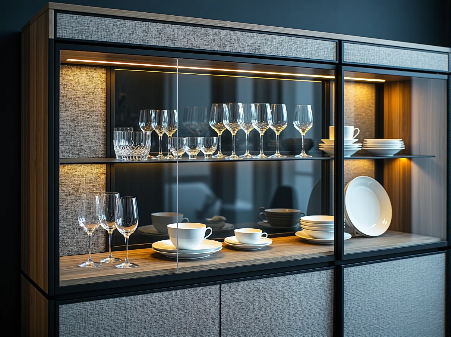 Zestaw mebli szklanych w salonie – jak szkło wpływa na jasność i przestronność pokoju.