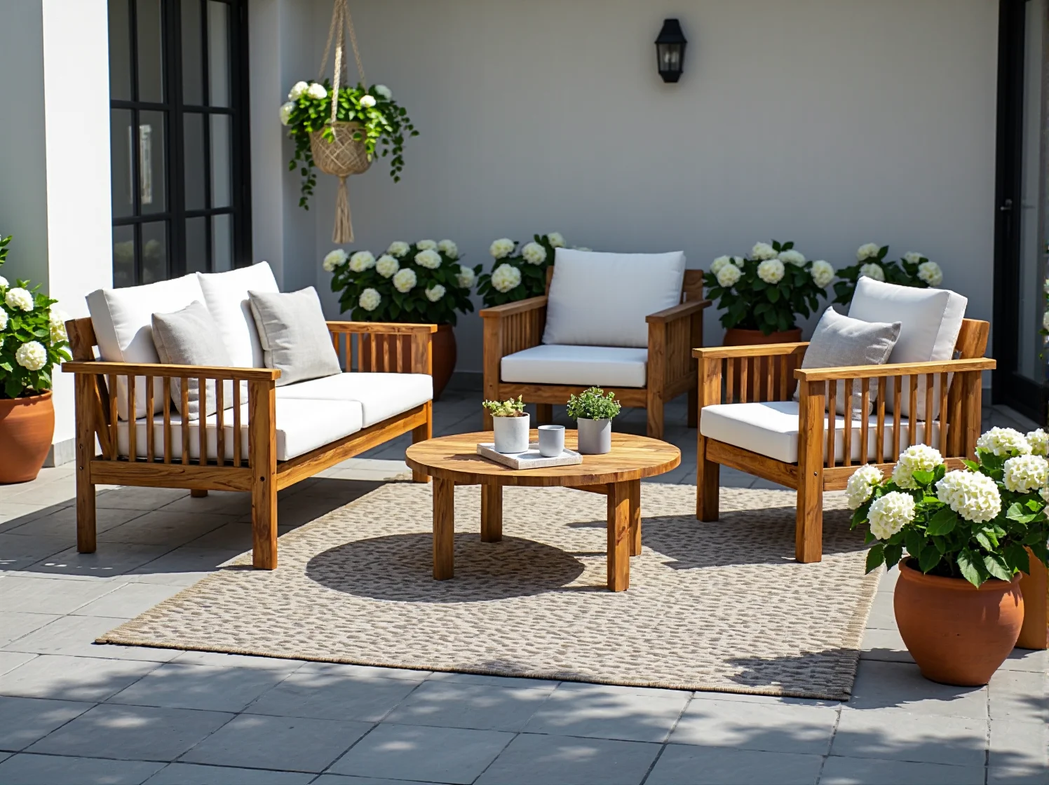 Wygodny narożnik z technorattanu na małym tarasie z miękkimi poduszkami