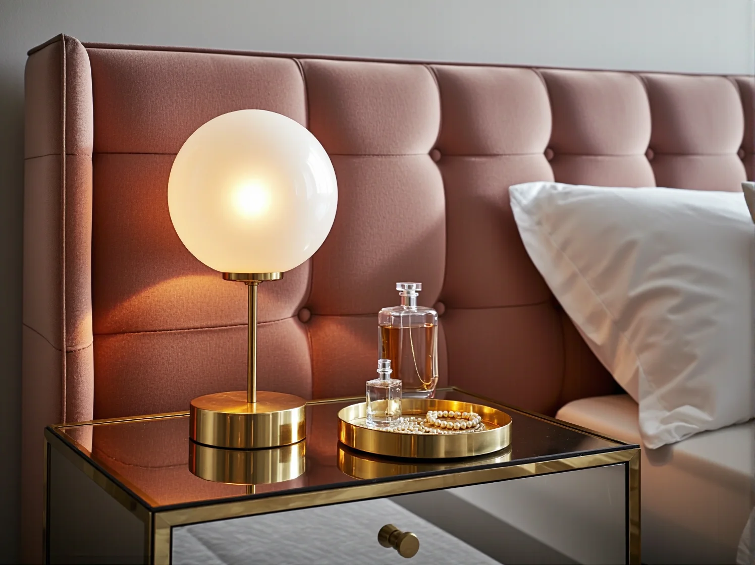 Złota lampa stołowa vintage na marmurowej komodzie w nowoczesnej sypialni.