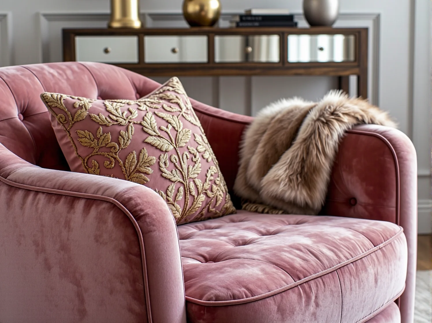 Złote lustro w ozdobnej ramie i kryształowy wazon na szklanym stoliku kawowym.