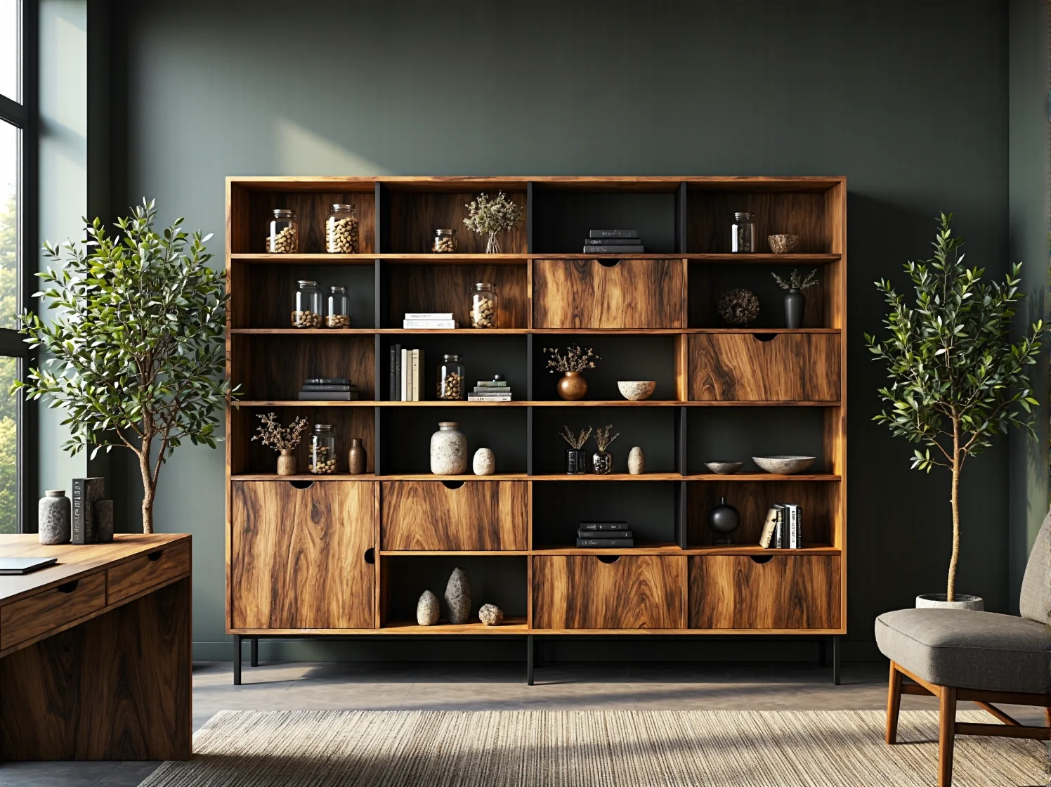 Lekki i stylowy regał z korka na książki i rośliny, przykład zrównoważonego designu.